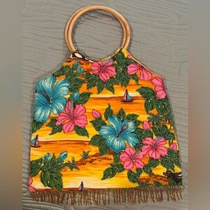 Hawaiian Print 100% Rayon Handmade Hibiscus Beaded & Fringed Bamboo Handle Bag